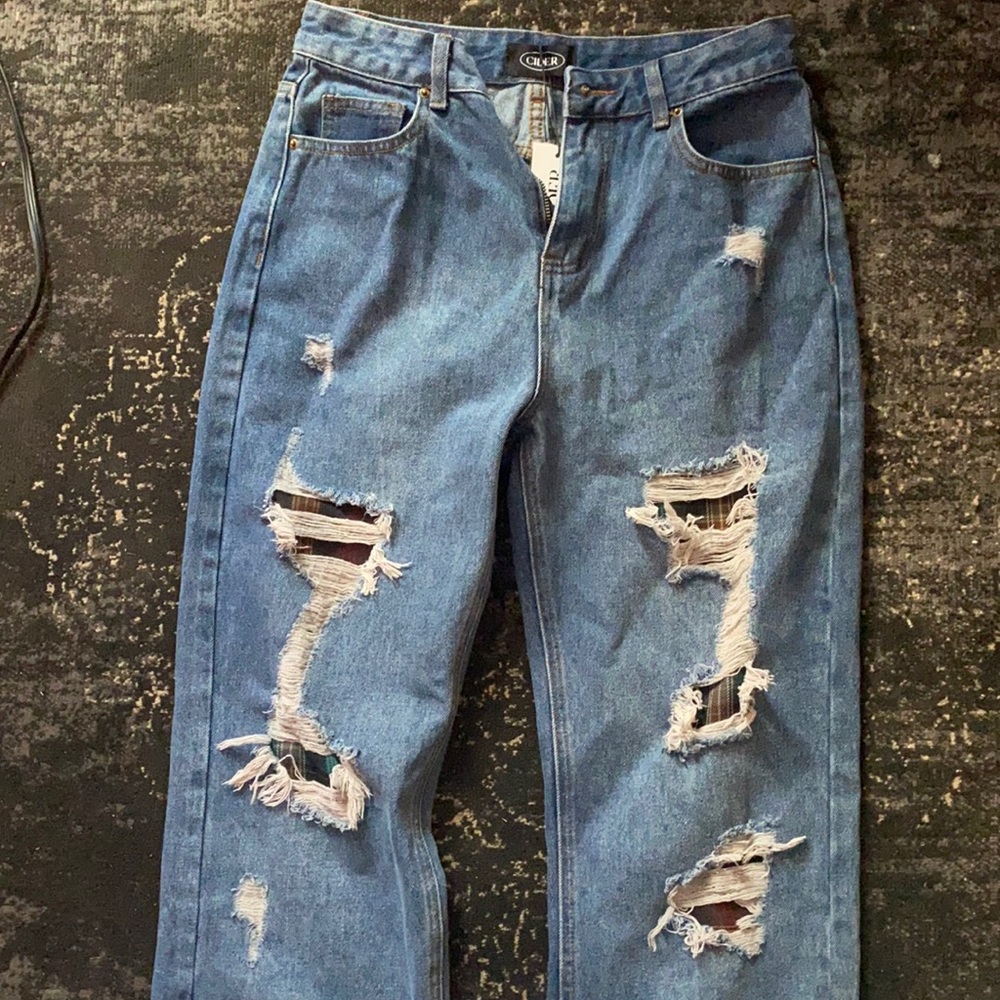 patched up distressed denim jeans from cider size L / 30in
